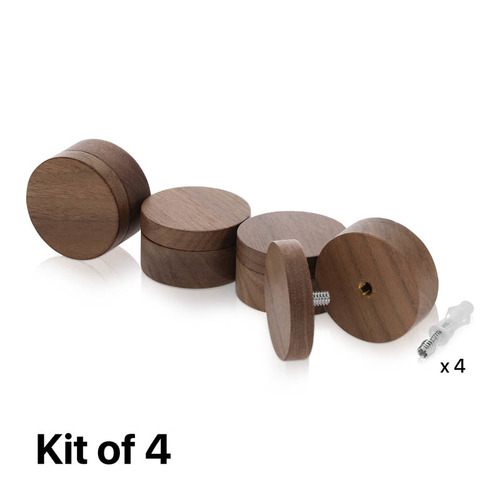 (Set of 4) 2'' Diameter X 3/4'' Barrel Length, Wooden Flat Head Standoffs, Matte Walnut Wood Finish, Easy Fasten Standoff, Included Hardware (For Inside Use) [Required Material Hole Size: 5/16'']